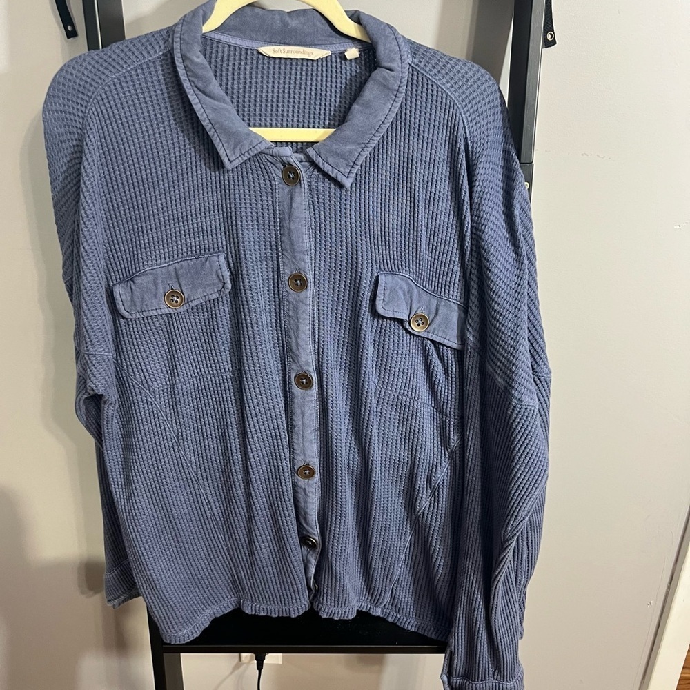 Soft Surrounding button up waffle knit sweater,women’s size PXL, blue